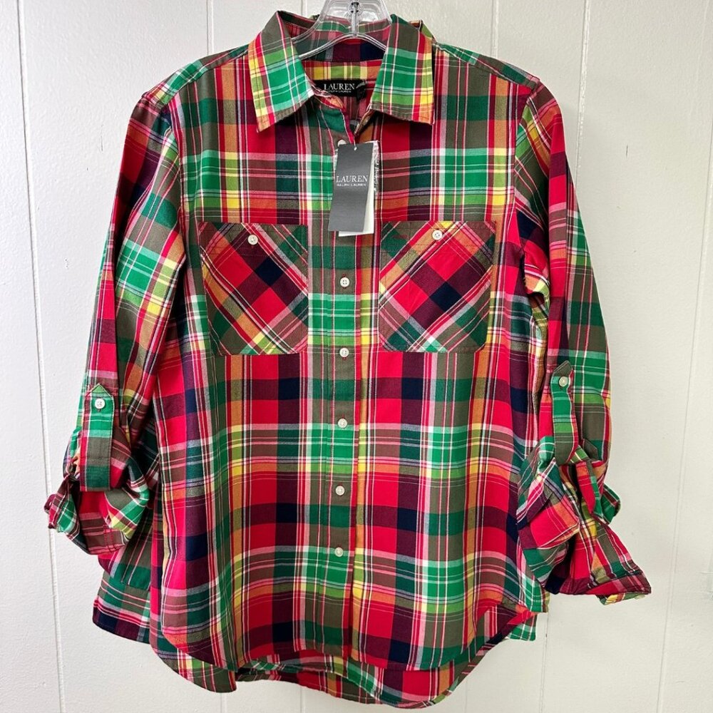 Oversized Lauren Ralph Lauren Top Cotton Twill Plaid